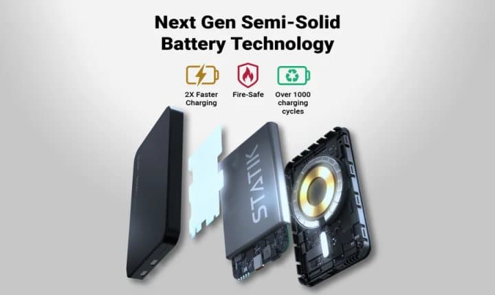 Exploded view of the Statik State power bank showing its semi-solid battery layers and magnetic coil, with fast charging, fire-safe and 1,000 cycle icons