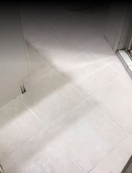 The same bathroom floor tiles with lighter, cleaner grout after cleaning