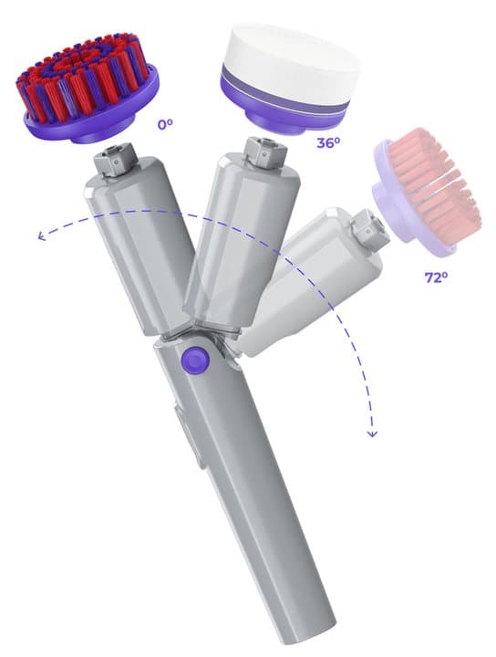 Synoshi Pro scrubber at three tilt angles with red, white and pink brush heads
