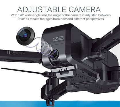 Close-up of a drone's adjustable front camera marked Z5 with text about a 120 degree wide-angle lens, shown as the Tactic AIR 4K camera add-on