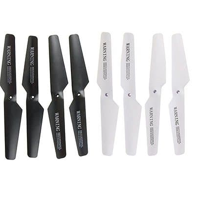 Eight black and white spare drone propellers printed with warnings, offered as a Tactic AIR Drone add-on