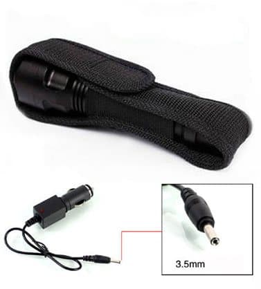 Black nylon belt holster holding a flashlight, with a car charger lead and 3.5 mm plug, from the TacticalX offer