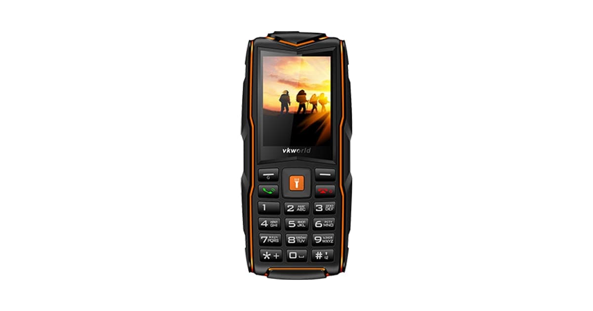 Black and orange TacticPhoneX rugged button phone with a small screen showing hikers at sunset and large number keys