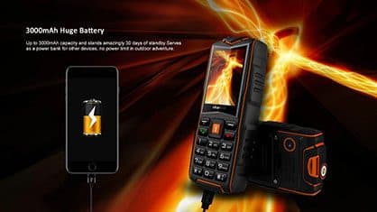 TacticPhoneX rugged phone charging an iPhone by cable under the words 3000mAh Huge Battery, sold as the power bank option