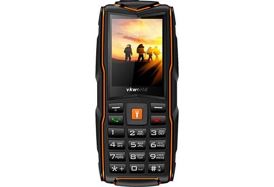 Front of the TacticPhoneX rugged phone with orange bumpers, a colour screen, a torch key in the middle and a numeric keypad, printed with the Vkworld name