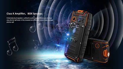 TacticPhoneX rugged phone shown with sound graphics to advertise the powerful speaker and FM radio add-on