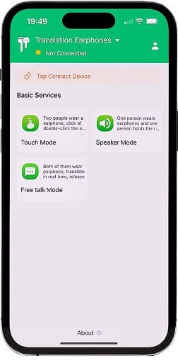Phone screen showing the Talky translation app with Touch Mode, Speaker Mode and Free Talk mode options