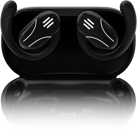 Pair of glossy black Talky AI Buds with curved ear hooks