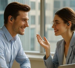 Man and woman in an office each wearing one earbud while talking, illustrating shared-earbud Free Talk mode
