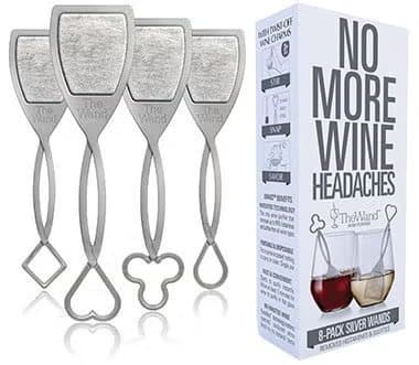Four silver PureWine wands with mesh filter heads beside an 8-pack box