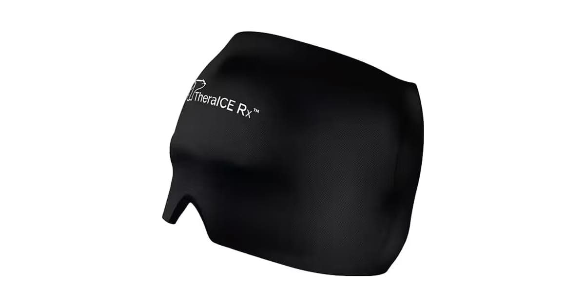 Black TheraICE Rx headache relief cap with an eye flap, shown on a white background