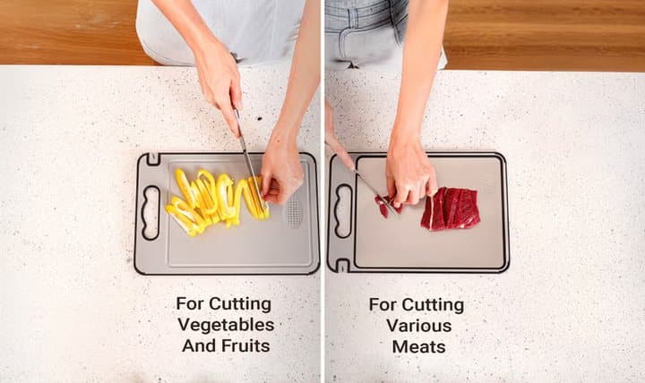 Two views of a TIBO board, one side used for cutting peppers and the other for raw meat