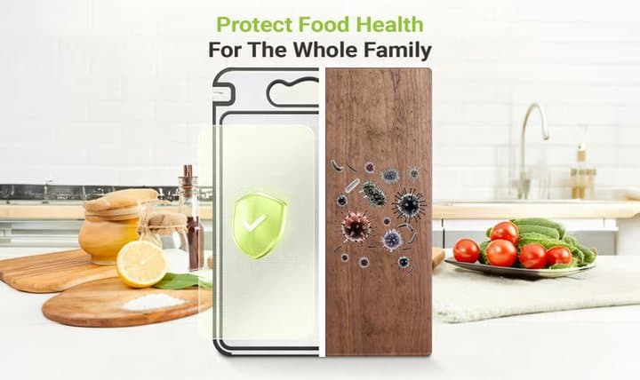 Graphic comparing a clean TIBO board with a wooden board marked with bacteria spots