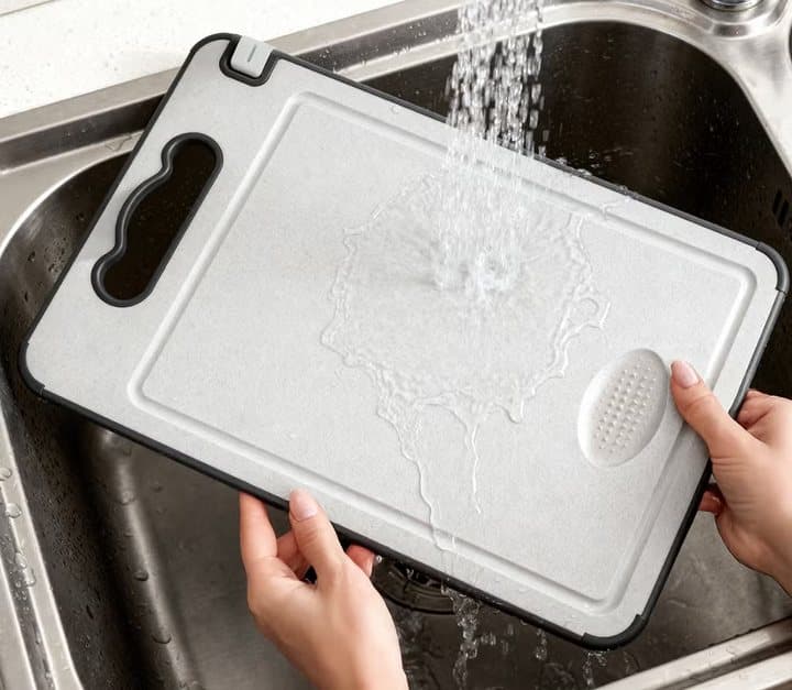 TIBO cutting board held under a running kitchen tap, showing the light-coloured textured side and grater