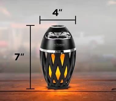 TikiTunes speaker with measurements showing 4 inches wide and 7 inches tall