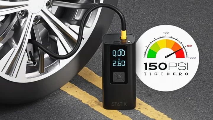 TireHero attached to a car tire beside a 150 PSI gauge graphic