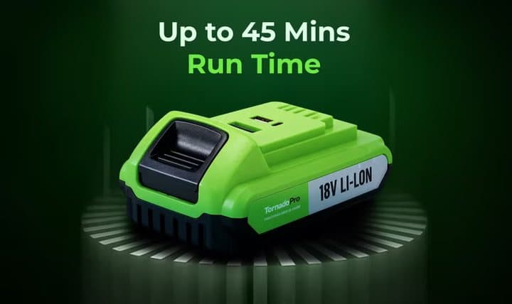 TornadoPro 18V lithium-ion battery pack with text reading Up to 45 Mins Run Time