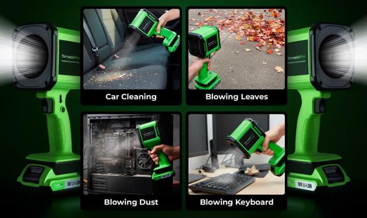Four-panel image of TornadoPro cleaning a car, blowing leaves, dusting a vent and cleaning a keyboard