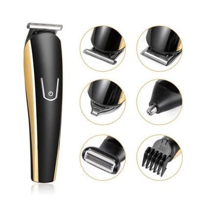 TotalTrim Pro trimmer beside close-ups of six heads: a T-blade, a wide blade, a detail trimmer, a nose trimmer, a foil shaver and a guide comb