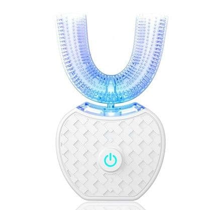 U-shaped silicone mouthpiece glowing blue on a white textured handle with a power button, used for the extra whitening light add-on