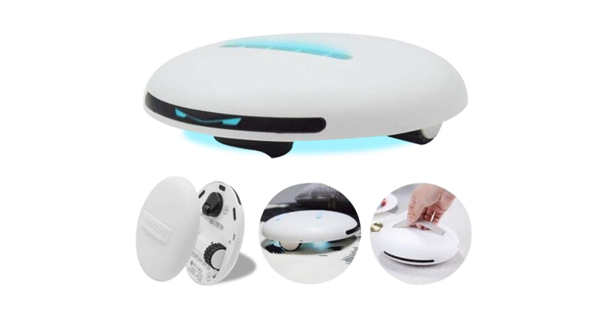 White oval UV Cleanizer Zoom robot glowing blue underneath, with smaller photos of its base, robotic mode and handheld use