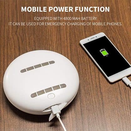 Round white UV device charging a smartphone by cable under the heading Mobile Power Function, equipped with 4800 mAh battery