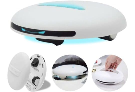 UV Cleanizer Zoom white oval robot with a blue UV glow beneath it, above three circles showing the base, the robot on a bed and a hand holding it