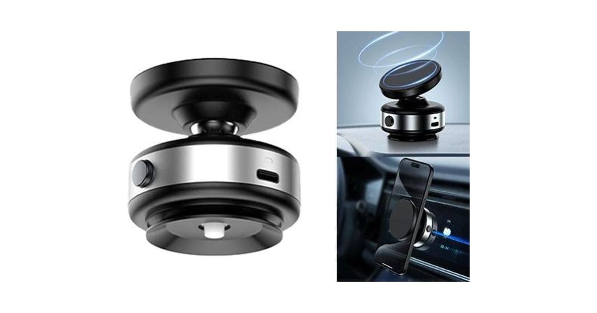 Black and silver VacHold Pro mount with a round magnetic pad on a ball joint above a suction base with a button and USB-C port, beside photos of it on a dashboard holding a phone
