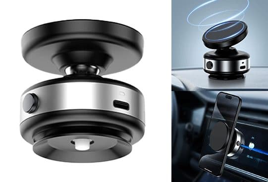 VacHold Pro vacuum base with a side button and USB-C port under a black magnetic pad, with insets of it on a dashboard and holding a phone in a car