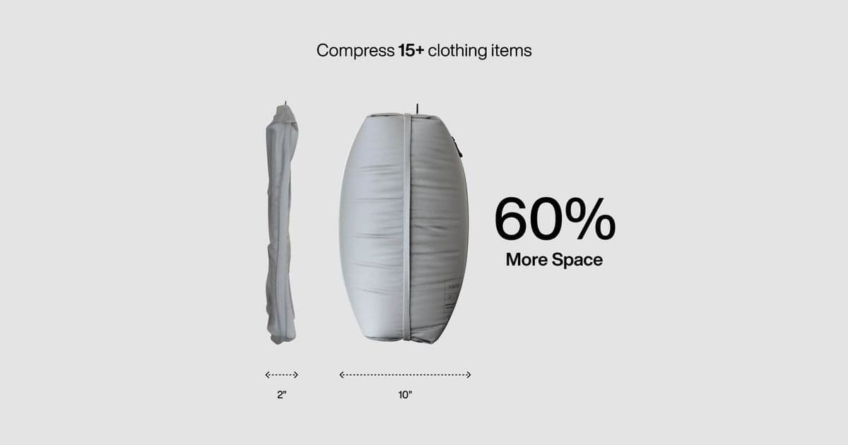 Aerless marketing diagram of a grey vacuum bag about 2 inches thick when compressed beside the same bag about 10 inches thick when full, labelled 60% more space