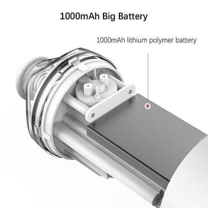Cutaway of a white handheld pump showing its motor and a flat battery labelled 1000mAh lithium polymer battery