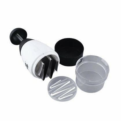 Plunge chopper taken apart, showing stainless zigzag blades, a black base cap, a clear container and a white blade guard