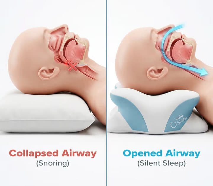 Side-by-side diagram labelled collapsed airway on a normal pillow and opened airway on a VelaSleep pillow