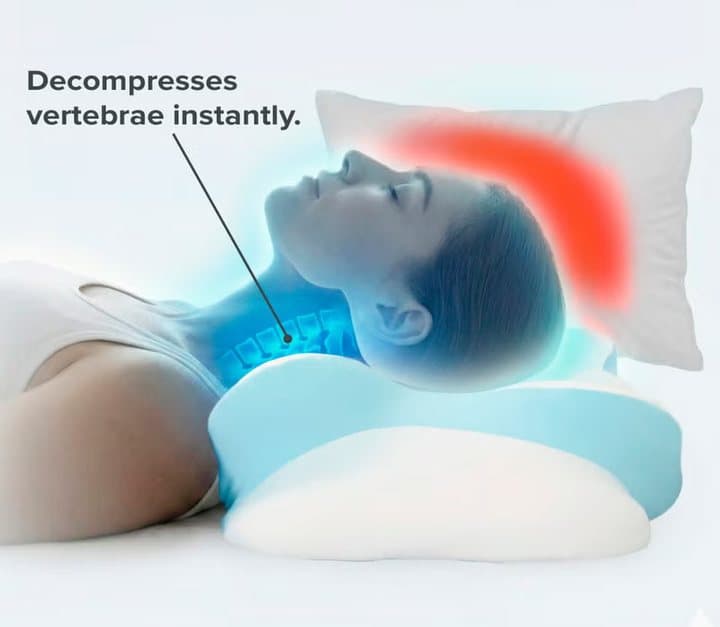 Graphic of a man on a VelaSleep pillow with text reading Decompresses vertebrae instantly