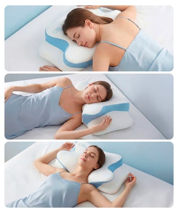 Three photos of a woman sleeping on a VelaSleep pillow on her side, back and front