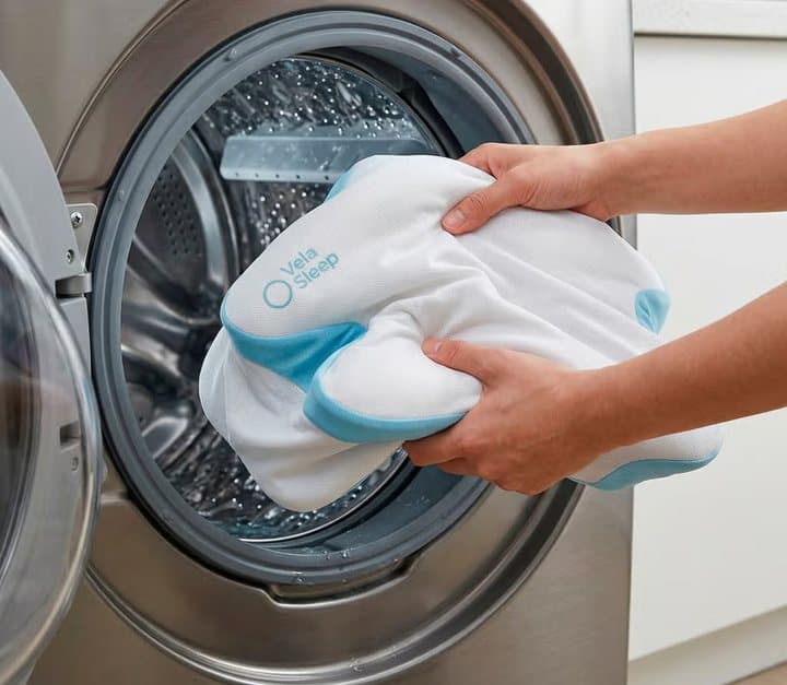 Hands putting a VelaSleep pillow into a front-loading washing machine