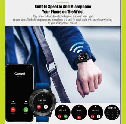 Graphic headed Built-In Speaker and Microphone showing an incoming call on a phone and on the round smartwatch, with a call keypad screen