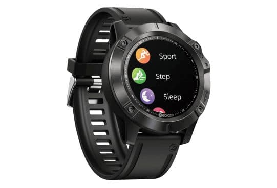 Vibes XWatch with a black textured bezel, a Zeblaze logo on the face and a menu listing Sport, Step and Sleep