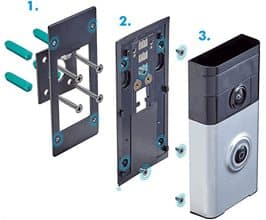 Exploded diagram of a doorbell mounting plate with wall plugs and screws and a silver and black doorbell, offered as a mounting bracket add-on