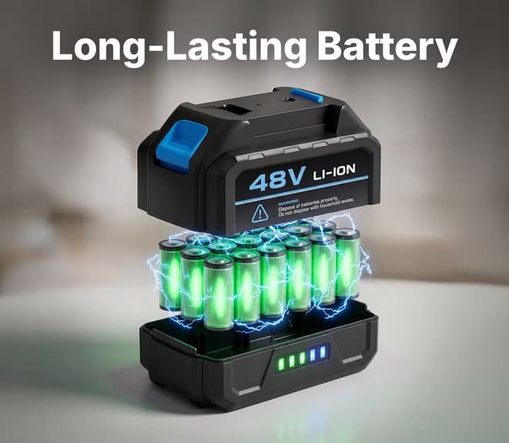 WashUpGo 48V lithium-ion battery with glowing cells shown inside, labelled Long-Lasting Battery