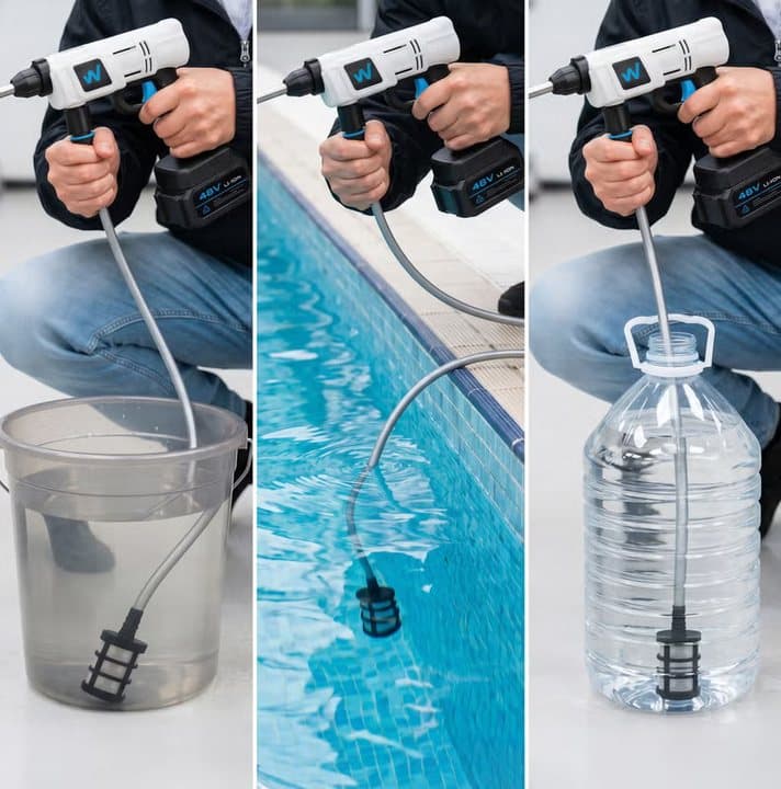 Three views of WashUpGo drawing water from a bucket, a swimming pool and a large water bottle