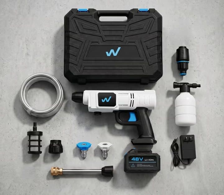 WashUpGo kit laid out with carry case, spray gun, battery, hose, nozzles, foam bottle and charger
