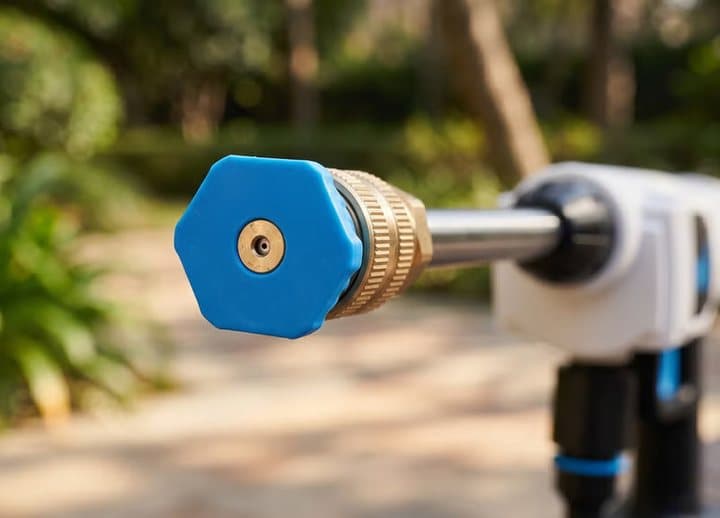 Close-up of the blue adjustable nozzle on the end of the WashUpGo extension wand