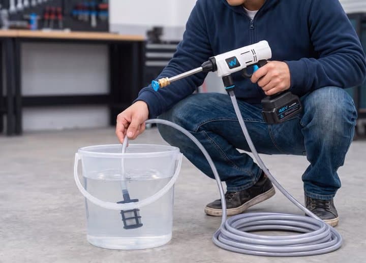 Man crouching to place the WashUpGo hose filter into a bucket of water