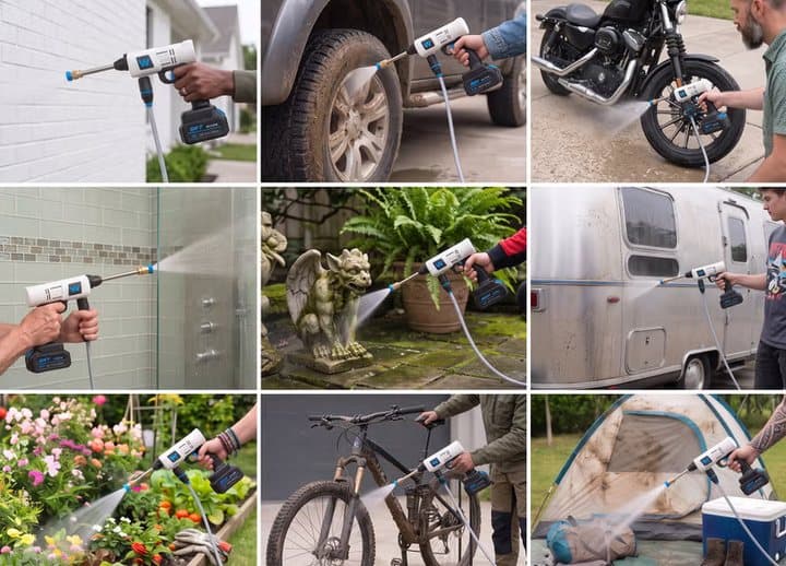 Collage of WashUpGo cleaning a car, motorcycle, wall, plants, RV, bike and camping gear