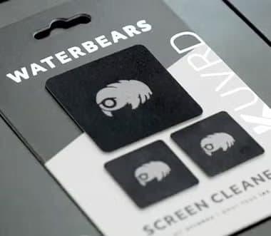 WaterBear packaging card with screen cleaner patches and the KUVRD name on the side
