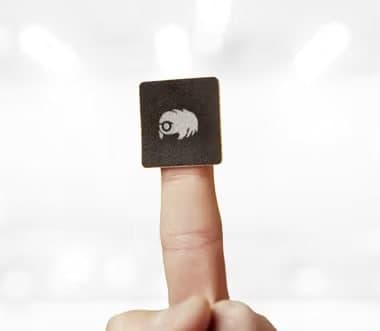 Small square WaterBear patch balanced on a fingertip