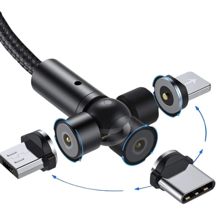 Diagram of the Whippy Charge head rotating with Lightning, USB-C and micro-USB tips attached