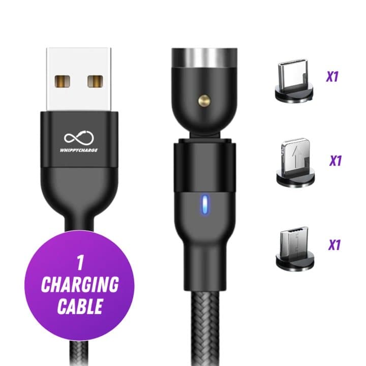 One Whippy Charge cable with USB-A plug and three magnetic tips