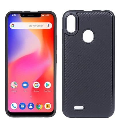 Black carbon-pattern protective case shown from the back next to a notched Android phone, sold as the Xone Phone case add-on